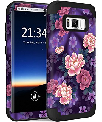 Galaxy S8 Case, Hocase Drop Protection Shock Absorbing Silicone Rubber Bumper Hard Shell Hybrid Dual Layer Full-Body Protective Case for Samsung Galaxy S8 (5.8") 2017 - Voilet Flowers / Black