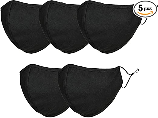 DALIX Cloth Face Mask Reusable Washable Made in USA - Black L-XL (5 Pack)