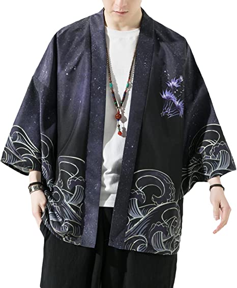 PRIJOUHE Men's Japanese Kimono Cardigan Jackets Casual Long Sleeve Open Front Coat Lightweight Yukata Outwear