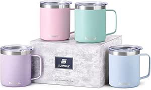 SUNWILL Coffee Mugs Set of 4, Insulated Coffee Mug with Lid, 14 oz Stainless Steel Tumbler Cup Bulk for Gift, Camping, Travel, Powder Coated Orchid, Iceberg, Mint, Sakura