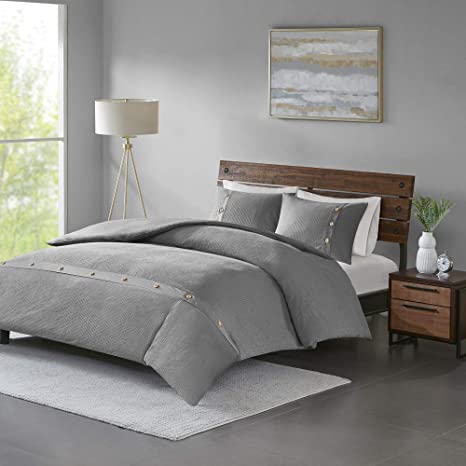 Madison Park Finley Duvet Cover Reversible Solid 100% Cotton Honeycomb Waffle Weave Stripes Corner Ties Sensory Texture Wood Button Accent Soft All Season Bedding-Sets, Full/Queen, Grey