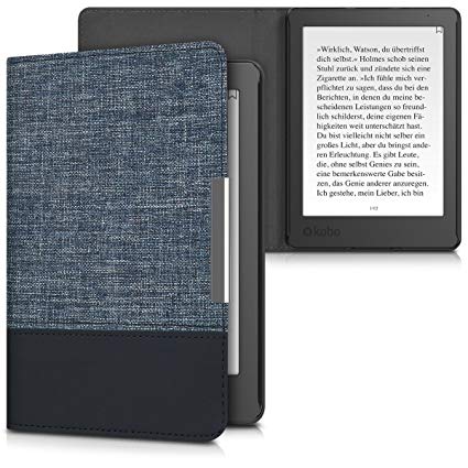 kwmobile Case for Kobo Aura Edition 2 - PU Leather and Canvas Protective e-Reader Cover Folio Case - Dark Blue Black