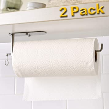 Paper Towel Holder Under Kitchen Cabinet - Self Adhesive Towel Paper Holder Stick on Wall & Drilling with Screws, Durable Bathroom Roll Towel Holder, SUS304 Stainless Steel (2)