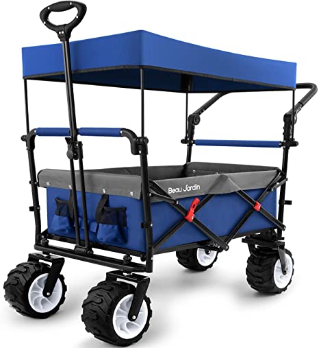 BEAU JARDIN Folding Push Wagon Cart with Canopy Collapsible Utility Camping Grocery Canvas Fabric Sturdy Portable Rolling Lightweight Buggies Outdoor Garden Sport Heavy Duty Shopping Wide Wheel Blue