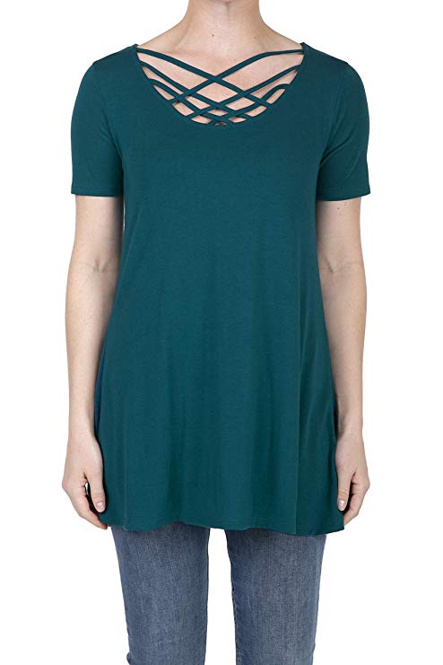 SHOP DORDOR Women's Short Sleeve Criss Cross Loose Shirts Tunic Tops Basic T Shirt