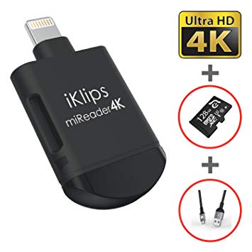 iKlips miReader MicroSD 4K Card Reader Compatible for iPhone iPad External Memory Storage Charger, Store View Edit Record 4K Video From GoPro, Drones, Camera, 128GB micro sd card included