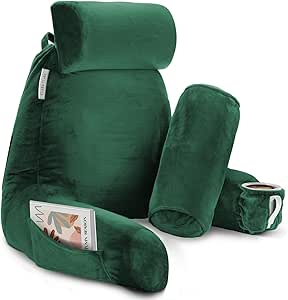 Clara Clark Reading Pillow, Large Back Pillow for Sitting Up in Bed, Memory Foam Back Support Pillow, Reading Pillows for Sitting in Bed Adult, Dark Green Sit Up Pillow for Bed with Arms and Pockets