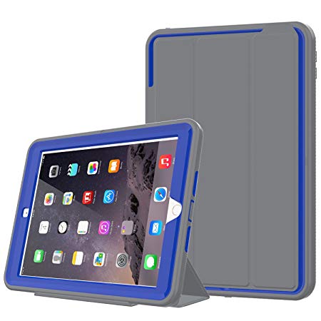 New iPad 9.7 2017/2018 case - DUNNO Heavy Duty Full Body Rugged Protective Case with Auto Sleep/Wake Up Stand Folio & Three Layer Design for Apple iPad 9.7 inch 2017/2018 (Grey/Blue)