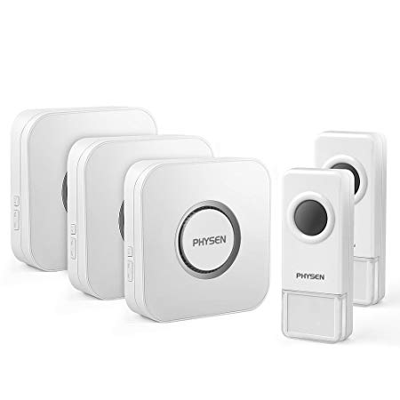 Wireless Doorbell PHYSEN B9 Waterproof Door Chime 2 Push Buttons and 3 Plug In Receivers,Operating up to 1000 Feet Range,4 Adjustable Volume Levels with 52 Chimes,No Battery Required for Receiver