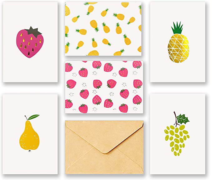 60 All Occasion Assorted Blank Cards – 6 Fruit Designs Stationery with Brown Kraft Envelopes and Stickers – Bulk Box Greeting Set of Strawberry Pineapple Pear Grape Design Notes, 4 x 6 Inch…