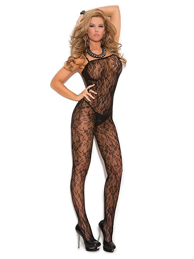 Elegant Moments Women's Rose Lace Bodystocking with Open Crotch
