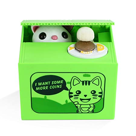 Peradix Itazura Money Coin Bank Automatic Stealing Coins Piggy Bank Penny Cents Saving Box Toy Cute Cat Kitty Kitten Panda for Kids Children Present Gift, Say Hello & Thank You in English