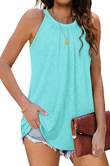 Sieanear Tank Top for Women Summer Halter Tops Pleated Sleeveless Cami Shirts