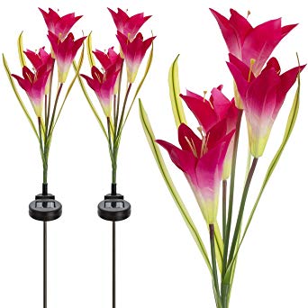 Sorbus Solar Light Flower Lily Stakes, Outdoor LED Garden Flowers for Night Lighting, Solar Path Walkway, Lawn, Garden, Pond, Patio, Gravestones, Special Occasions, etc (2-Pack,Red)