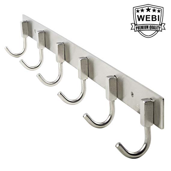 WEBI Heavy Duty SUS 304 Coat Rack Towel Hook Hanger Rail Bar, 6 Hooks, for Bedroom, Bathroom, Foyer, Hallway, Entryway, Great Home, Office Storage & Organization, Brushed Finish, J-CF06