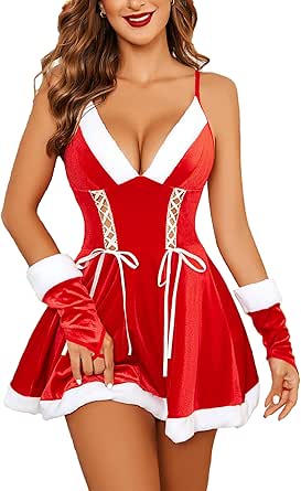 Avidlove Women Christmas Lingerie Sexy Santa Babydoll V Neck Velvet Lingerie Sets with Fingerless Gloves