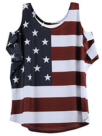 FAYALEQ Women's American Flag Print Tops Off Shoulder Stars Stripe Casual T Shirt Blouse