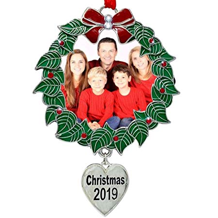 BANBERRY DESIGNS Family Christmas Ornament for 2019 - Holiday Wreath Photo Holder with Dated Heart Charm