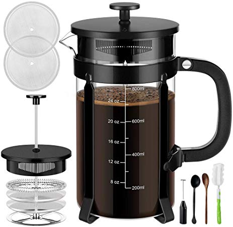 Veken French Press Coffee Maker (34 oz), 304 Stainless Steel Coffee Press with 4 Filter Screens, Durable Easy Clean Heat Resistant Borosilicate Glass - 100% BPA Free, Black