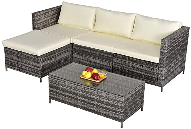 5 Pieces Outdoor Patio Furniture Set, All-Weather Outdoor Small Sectional Patio Sofa Set, Wicker Rattan Patio Sofa Couch Conversation Set w/Ottoman, Cream White Washable Cushions, Grey