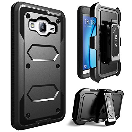 Galaxy J3(2016) Case / J3 V / Samsung Galaxy Amp Prime Case / Express Prime Case, KASEMI [Built in Screen Protector] Dual Layer Protection Locking Belt Swivel Clip Holster with Kickstand -Black