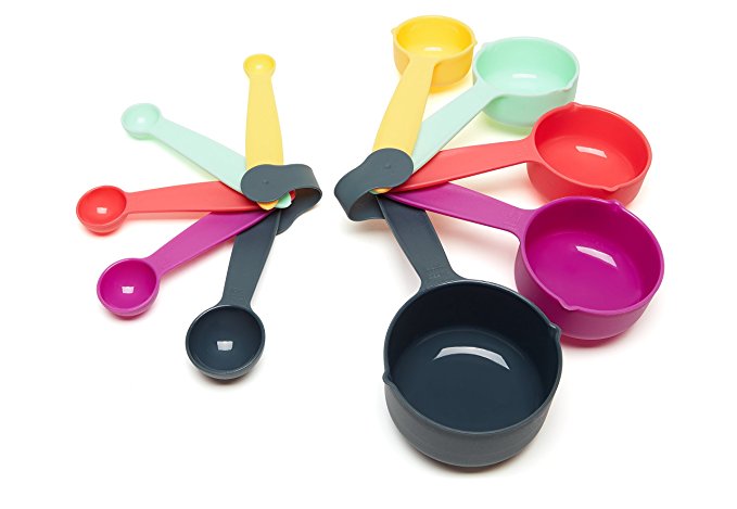 Ten Piece Measuring Cup And Spoon Set By Cookhouse. Colourful Plastic Weighing Cups And Spoons For Dry And Liquid Ingredient. Professional Utensils, Prepare Meals Fast, With Ease And Precision