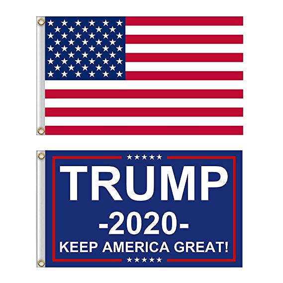 Shmbada American USA Polyester Flag and Trump 2020 Bule Flag with Brass Grommets, Double Stitched Vivid Color Anti Fading, Outdoor Yard Flag Kit 3x5 Ft, 2 Pack