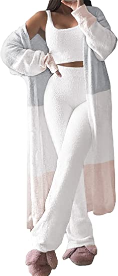 Fixmatti Women's Fuzzy 3 Piece Sweatsuit Open Front Cardigan Crop Tank Tops Wide Legs Pants Lounge Sets, 1-white Grey, Large