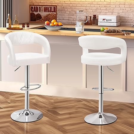 VECELO Bar Stools Set of 2 Swivel Adjustable Modern Pu Leather Barstools, Counter Bar Stools with Back and arms, for Kitchen (White)