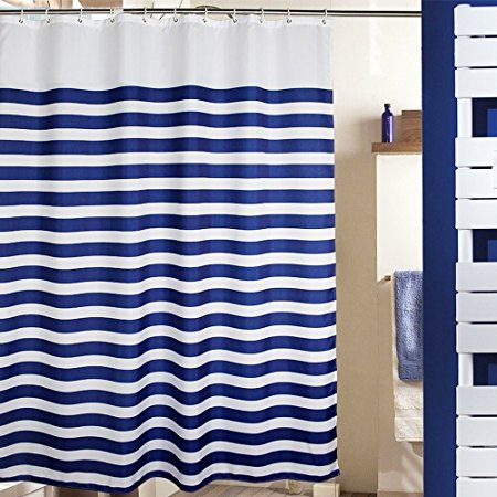 MangGou Fabric Shower Curtain,Nautical Stripes Shower Curtain Liner,Waterproof Polyester Bathroom Curtain With 12 Hooks,Mildew resistant,Machine Washable,Navy Blue and White,72 x 72 inch