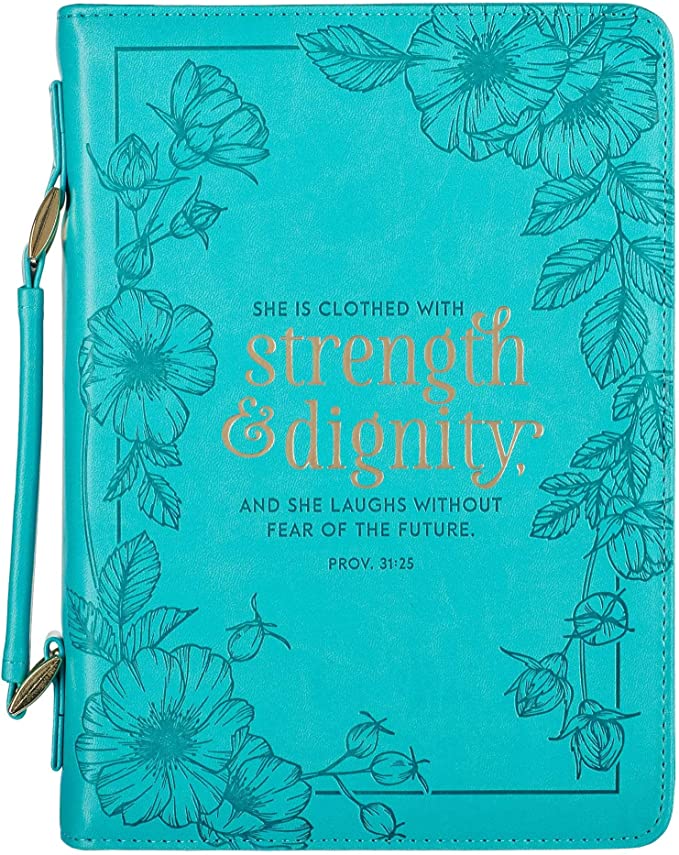 Christian Art Gifts Women's Fashion Bible Cover Strength and Dignity Proverbs 31:25, Teal Faux Leather, Large