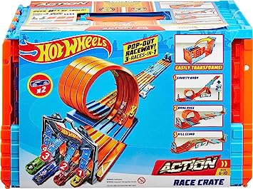 Hot Wheels Toy Car Track Set, Race Crate Transforms Into 3 Builds, Includes Storage & 2 Cars in 1:64 Scale