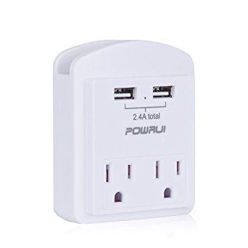 Multi Outlet, Wall Outlet, POWRUI Mini Wall Mount Adapter Surge Protector with Dual USB Charger Ports(2.4A Total), Dual Outlet Extender and Top Phone Holder, White, ETL Certified