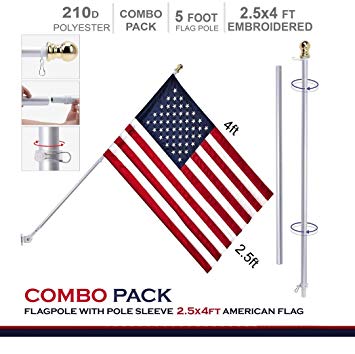 G128 - 5 Feet Tangle Free Spinning Aluminum Flagpole (White) American Flag Pole Sleeve Embroidered 2.5x4 ft American Flag Pole Sleeve (Flag Included) Flag Pole