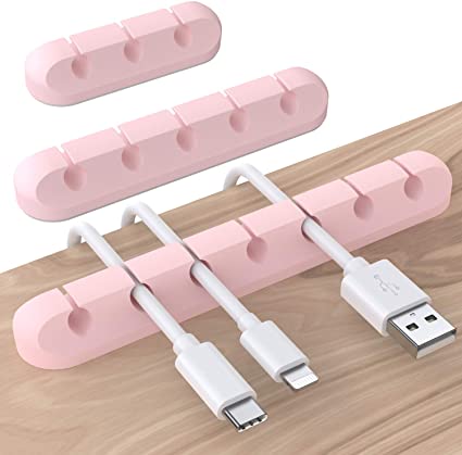 SOULWIT Cable Holder Clips, 3-Pack Cable Management Cord Organizer Clips Silicone Self Adhesive for Desktop USB Charging Cable Power Cord Mouse Cable Wire PC Office Home (Pink)