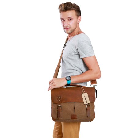 Satchel Messenger Bag for men Vintage Real Leather Canvas 14-inch Laptop messenger bag/ Briefcase(Coffee) 13"(L)x10.5"(H) x 4.1"(W)-Wowbox