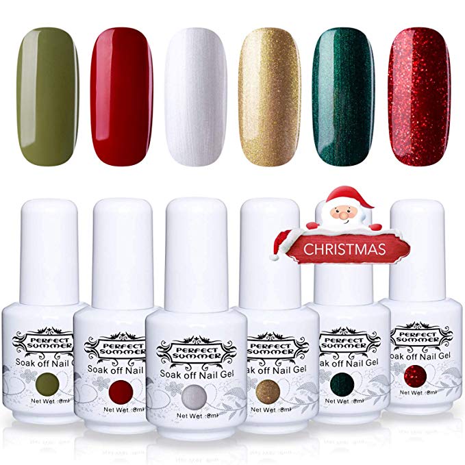Perfect Summer Christmas Gel Nail Polish Set- 6 Colors Gel Nail Varnish Soak Off UV LED Manicure Home Gel Holiday Gift Kit 8ML