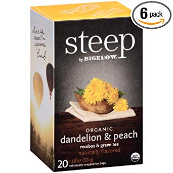 Steep by Bigelow Organic Dandelion and Peach with Rooibos and Green Tea 20 Count (Pack of 6), Organic Caffeinated Individual Tea Bags, for Hot Tea or Iced Tea, Drink Plain or Sweetened with Honey