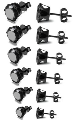 FIBO STEEL Stainless Steel Mens Womens Stud Earrings Black Round Cubic Zirconia Inlaid 6 Pairs 3mm-8mm