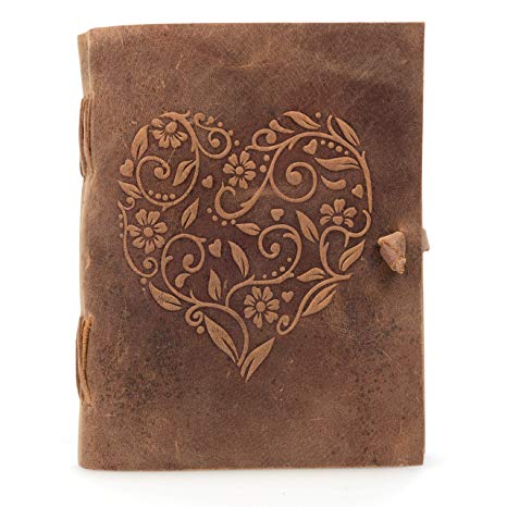 Leather Journal for Women - Beautiful Handmade Genuine Leather Bound Notebook with Embossed Heart Cover - for Daily Drawing and Sketching - Perfect 7 x 5 Inches Size for Travel or Writing on The Go
