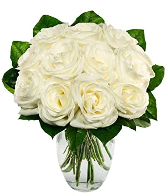 Flowers - One Dozen White Roses (Free Vase Included)