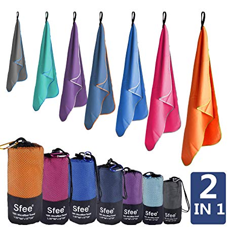 Sfee Microfiber Sport Travel Towel Set -(S M L XL)-Quick Dry Absorbent Compact Lightweight Soft Beach Yoga Bath Pool Hand Gym Golf Towels-Fit for Outdoors Fitness Hiking Camping  Carabiner