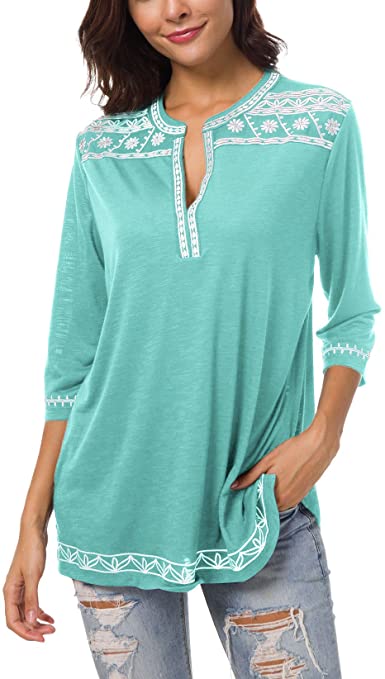 Women's 3/4 Sleeve Boho Shirts Embroidered Peasant Top