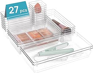 Vtopmart 27 PCS Clear Plastic Drawer Organizers Set, 5-Size Bathroom and Vanity Drawer Organizer Trays, Acrylic Storage Bins for Makeup, Kitchen Utensils, Gadgets, Large Size Office Desk Organizers