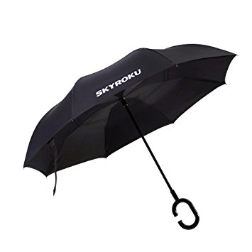 Inverted Umbrella,Umbrella,SKYROKU Creative Reverse Folding Umbrella Double Layer Hands Free Windproof Umbrella Travel Umbrella (Black)