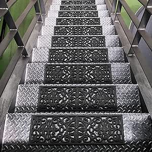 Ottomanson Indoor/Outdoor Hose-Wash Iron Wrought Design Non-Slip Rubber 10" x 30" Modern Stair Treads for Stairs, Garage, Patio, 5 Pack, Black Floral