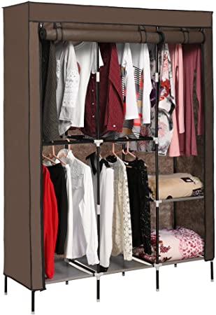 Korie Portable Clothes Closet Wardrobe Storage Double Rod Freestanding Closet with Non-Woven Fabric, Quick and Easy to Assemble (US Stock) (Coffeebrown)