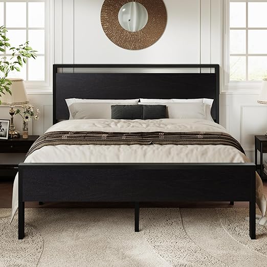 Allewie Queen Size Platform Bed Frame with Wooden Headboard and Footboard, Heavy Duty 12 Metal Slats Support, No Box Spring Needed, Under Bed Storage, Non-Slip, Noise Free, Easy Assembly, Black Oak