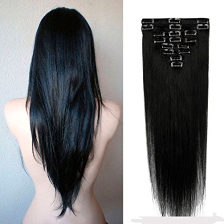 100% Real Remy Clip in Hair Extensions 16-22inch Grade AAAAA Natural Hair Full Head Standard Weft 8 Pieces 18 Clips Long Straight for Women Fashion (18" /18 inch 70g,#1B Natural Black)
