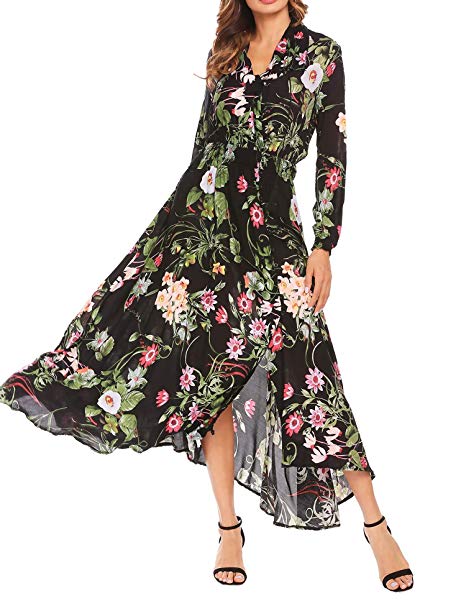 Dethler Women Bohemian Shawl Neck Long Sleeve Floral Button Front Split Maxi Beach Dress